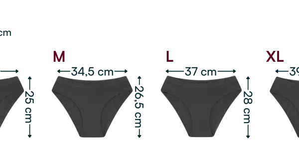 Szare majtki menstruacyjne hipster w rozmiarach XS-XXL z wymiarami.