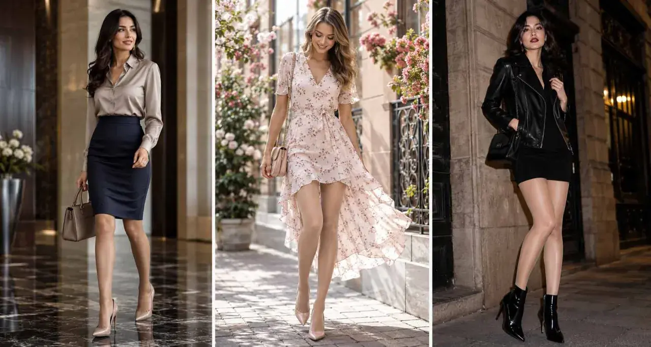 Eleganckie kobiety w różnych stylizacjach, od biznesowej po wieczorową. W każdej z nich widoczne są subtelne rajtuzy, dodające klasy i podkreślające nogi.