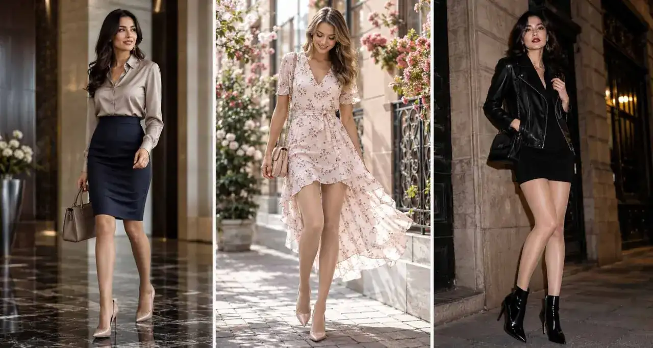 Eleganckie kobiety w różnych stylizacjach, od biznesowej po wieczorową. W każdej z nich widoczne są subtelne rajtuzy, dodające klasy i podkreślające nogi.