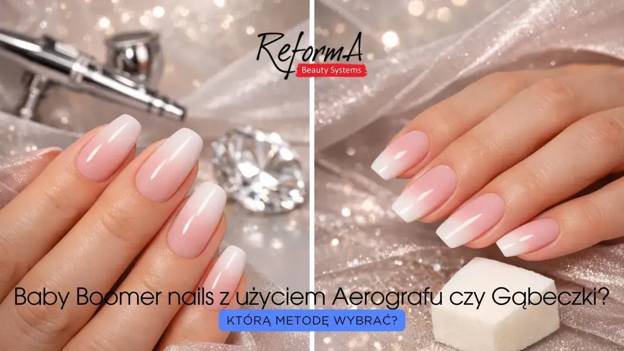 Eleganckie baby boomer nails, delikatny gradient od różu do bieli. Aerograf czy gąbeczka?