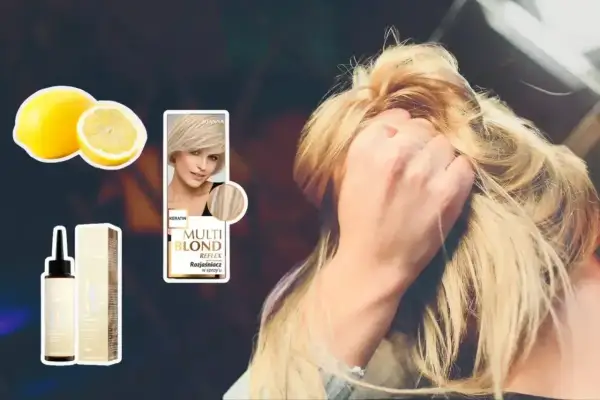 Kobieta z włosami w stylu baleyage blond, obok cytryny i rozjaśniacza do włosów.