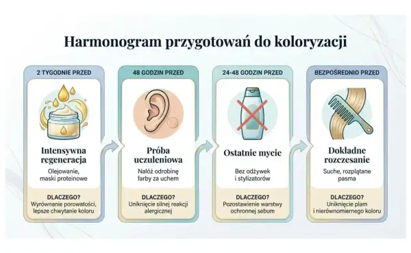 Harmonogram przygotowań do farbowania włosów: regeneracja, próba uczuleniowa, ostatnie mycie i rozczesanie.